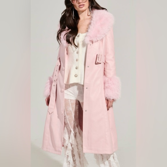 NWT AKIRA light Pink Fur-Trimmed belted faux leather trench Coat size M - Picture 6 of 7
